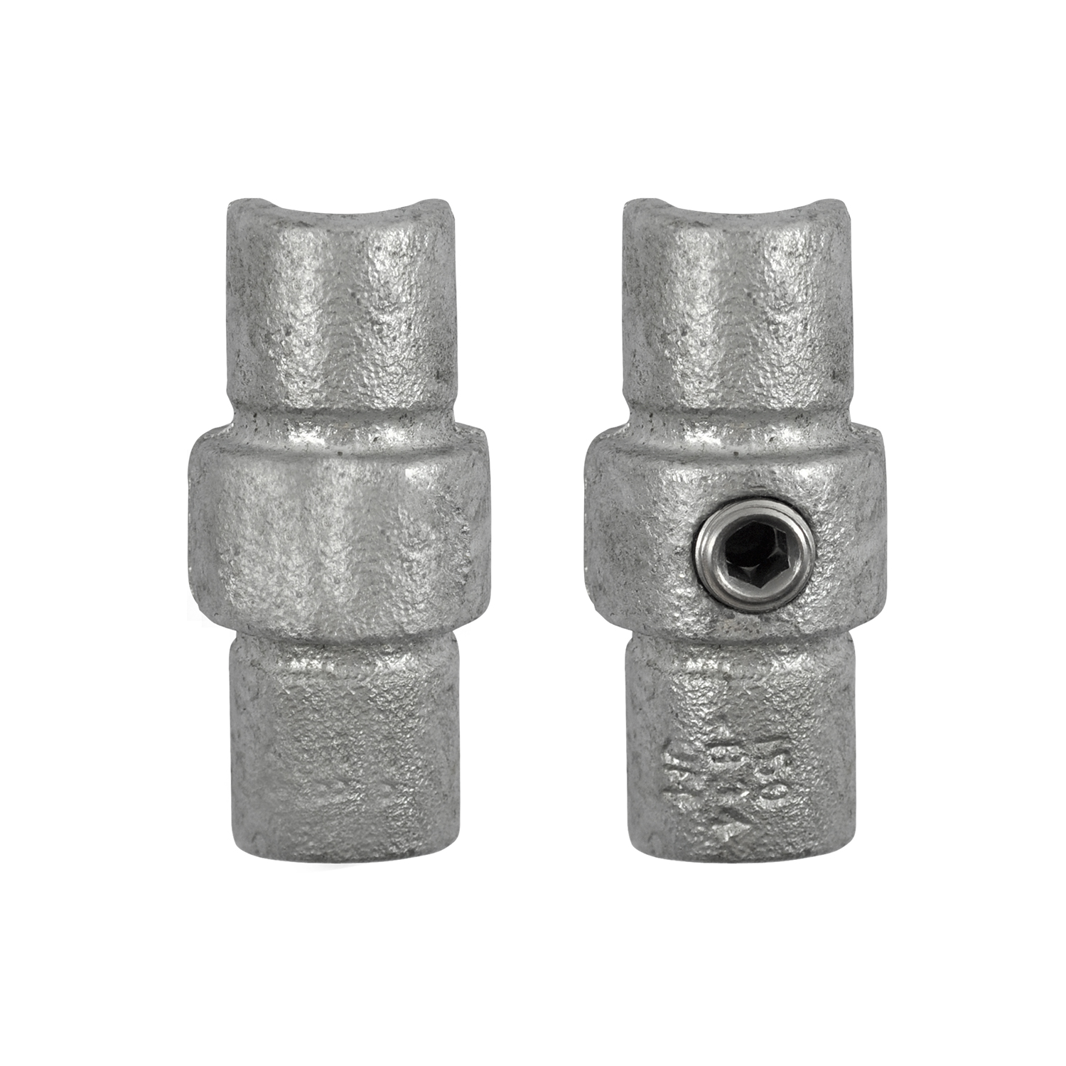 Prolongación de tubo galvanizado, en dos vistas sobre fondo blanco. Pieza metálica cilíndrica con muescas en U en ambos extremos para unir a ras dos tubos del mismo tamaño. Una vista muestra un tornillo hexagonal interior.