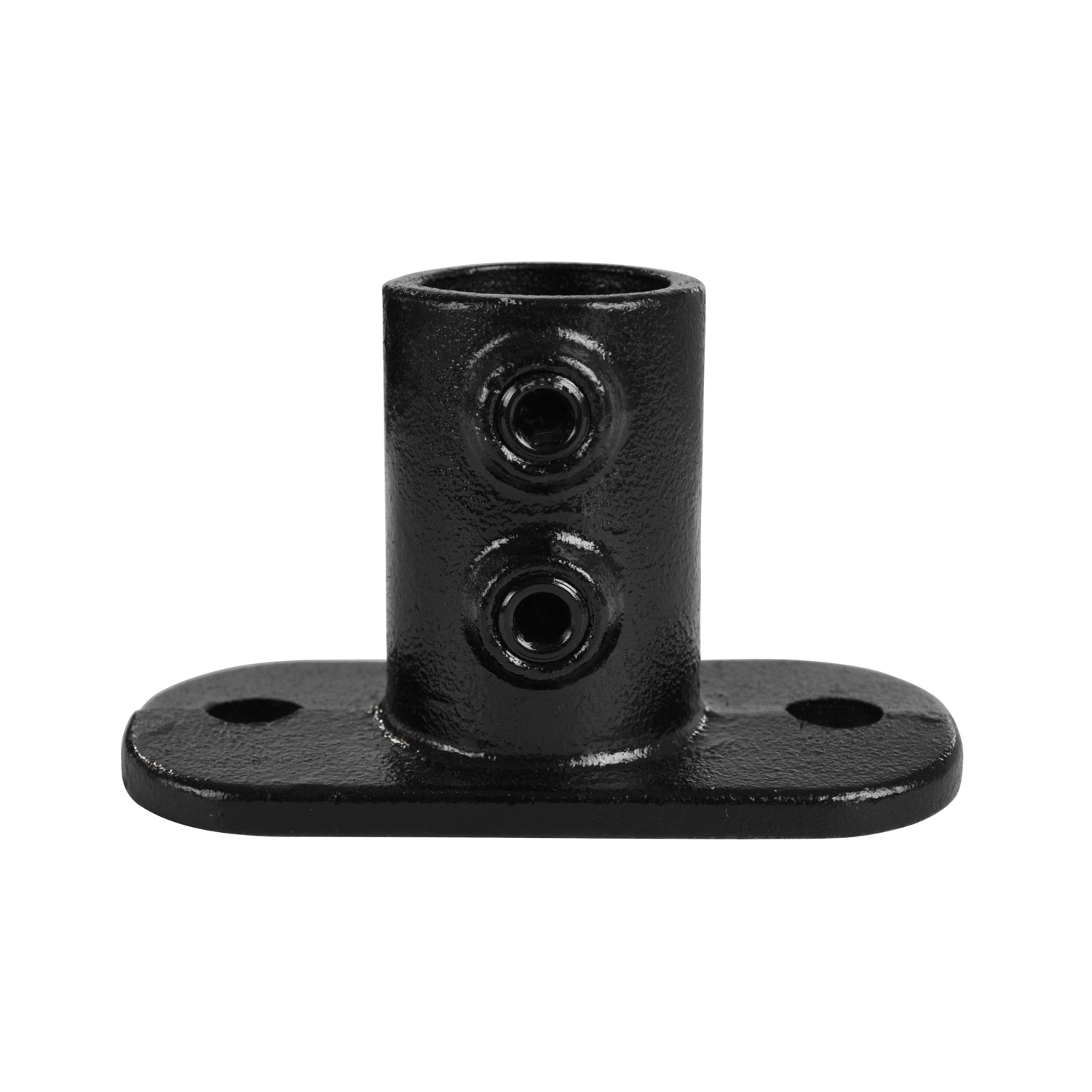 Plaque de base ovale noire en métal, servant de raccord tubulaire robuste pour poteaux verticaux. Avec un logement pour tube de 48,3 mm (1½ pouce), deux vis de réglage apparentes et une plaque de base stable dotée de deux trous de fixation.