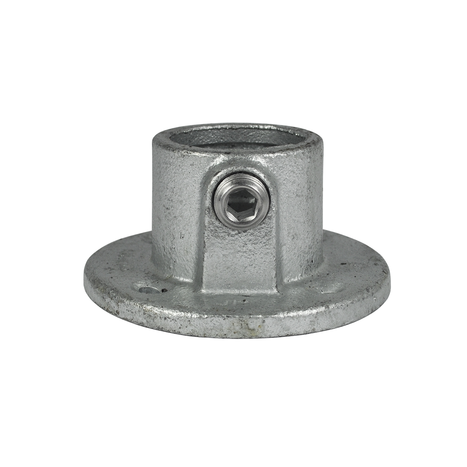 Plaque de base ronde en métal gris galvanisé avec des raccords tubulaires centraux (33,7 mm). Une vis à six pans creux argentée sur le côté du cylindre permet de fixer solidement le tube. Plaque dotée de plusieurs trous de fixation.