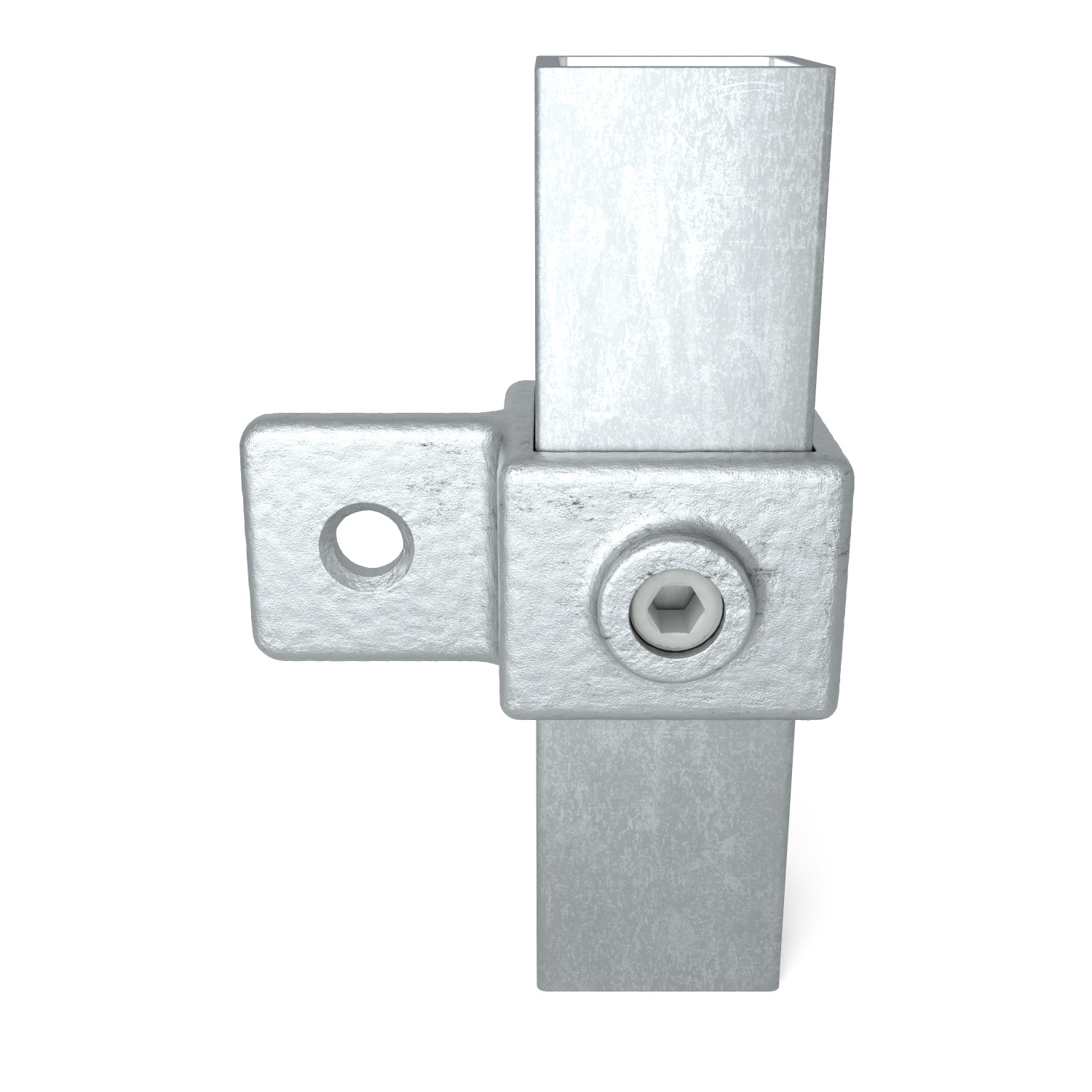 Image détaillée d'un raccord métallique robuste et galvanisé pour tubes carrés, joint en T : tube supérieur vers le haut, tube inférieur vers le bas. À gauche, plaque de fixation percée. Vis à six pans creux.