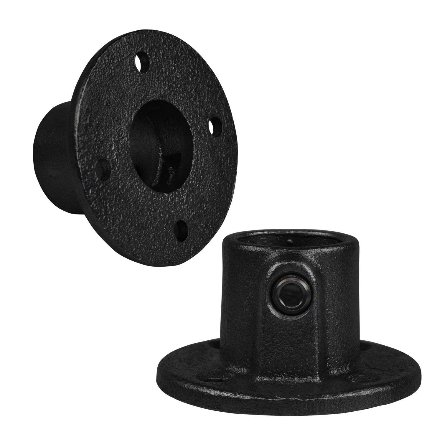 Dos placas base redondas negras para unir tubos, de material resistente negro mate con textura rugosa. Cada placa tiene abertura central para el tubo y cuatro orificios de fijación en el borde. Un tornillo sujeta el tubo.