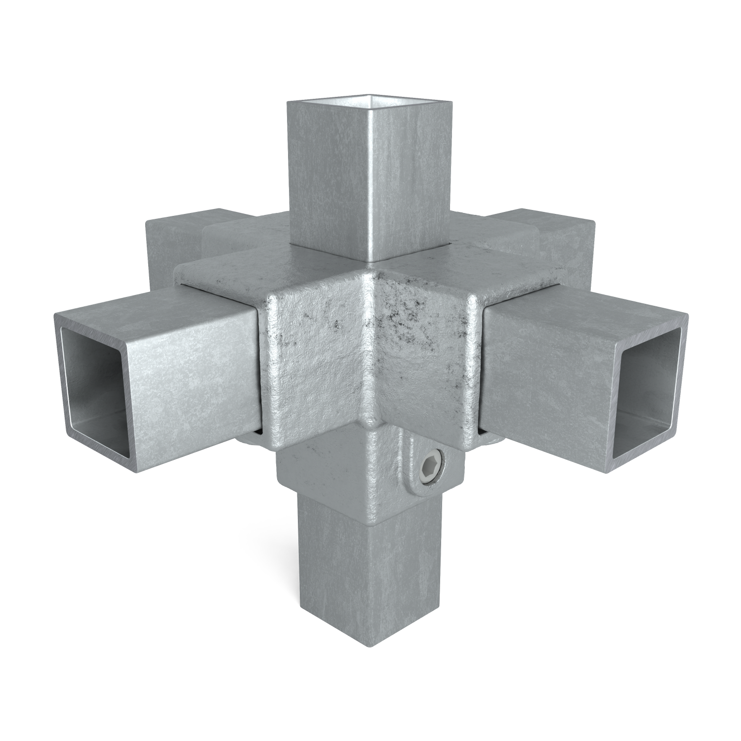 Raccord métallique robuste gris, pour assembler six profilés creux carrés à 90°. Permet des structures de cadres 3D stables ; surface mate, légèrement texturée type acier galvanisé. Avec boulons de fixation.
