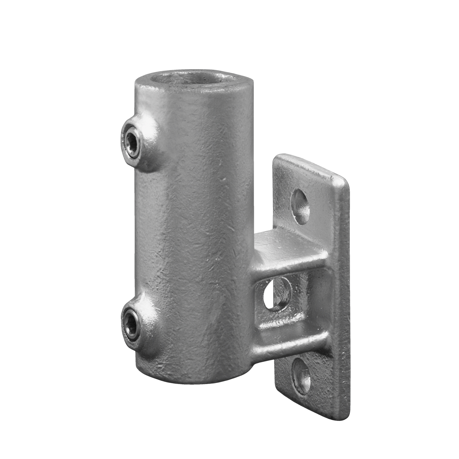 Soporte de pared metálico robusto, de color gris claro: cilindro vertical con dos tornillos Allen laterales para sujetar un poste. Placa de montaje rectangular con tres orificios para fijarlo a paredes, barandillas o escalones.