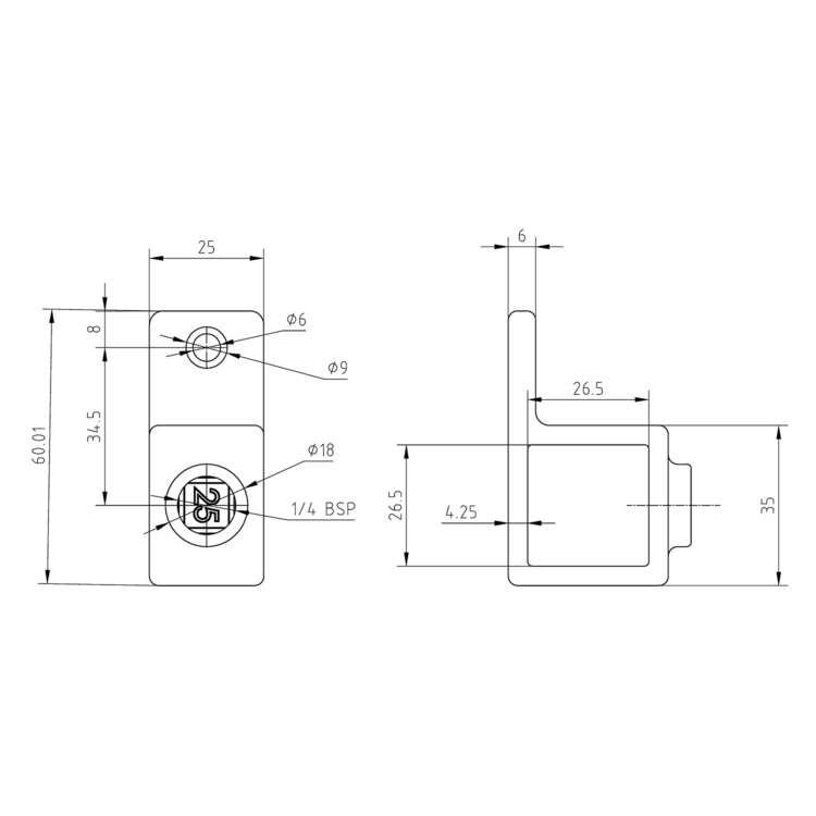 Dibujo técnico detallado de un conector de tubos para fijación a placas, para tubos cuadrados de 25 mm. Vistas con medidas exactas: 60,01 mm de altura, 25 mm de anchura, orificios de Ø6/Ø9/Ø18 y rosca de 1/4 BSP. Detalles de montaje claros.