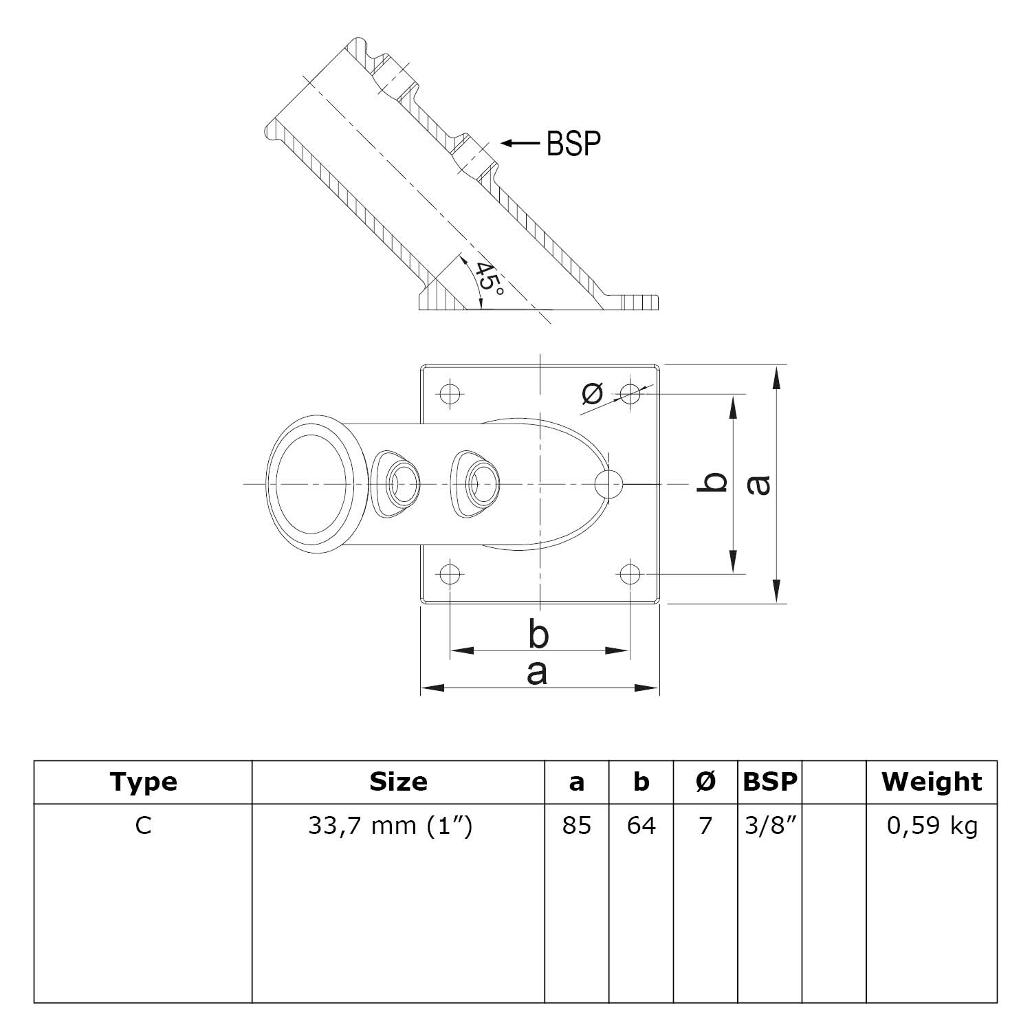 Dessin technique d'un raccord tubulaire à 45 degrés avec filetage BSP. Deux vues présentent l'angle et la plaque de montage avec quatre trous de vis et les cotes. Fiche technique : Type C, 33,7 mm (1"), a=85, b=64, Ø=7, BSP 3/8", 0,59 kg.