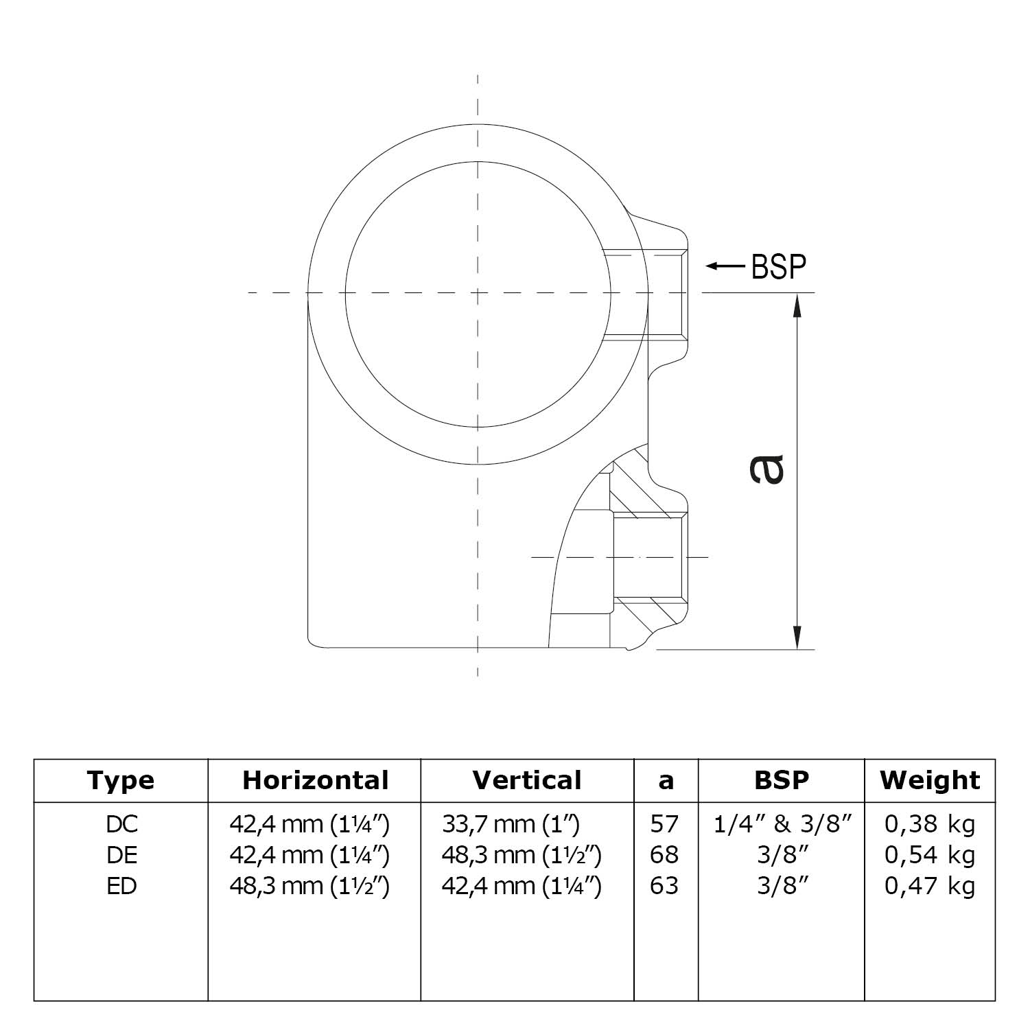 Pièce en T courte. Dimension combinée Horizontale 42,4 mm (1¼") - Verticale 33,7 mm (1")
