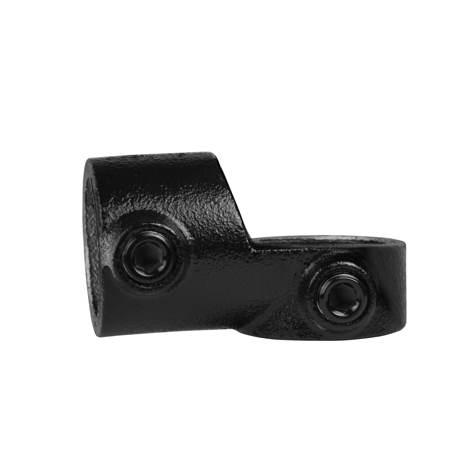 Raccord de tuyau noir en forme de L, à surface rugueuse, représenté à l'horizontale sur fond blanc. Il comporte deux vis à six pans creux noires qui maintiennent les ouvertures cylindriques destinées à la fixation des tuyaux.