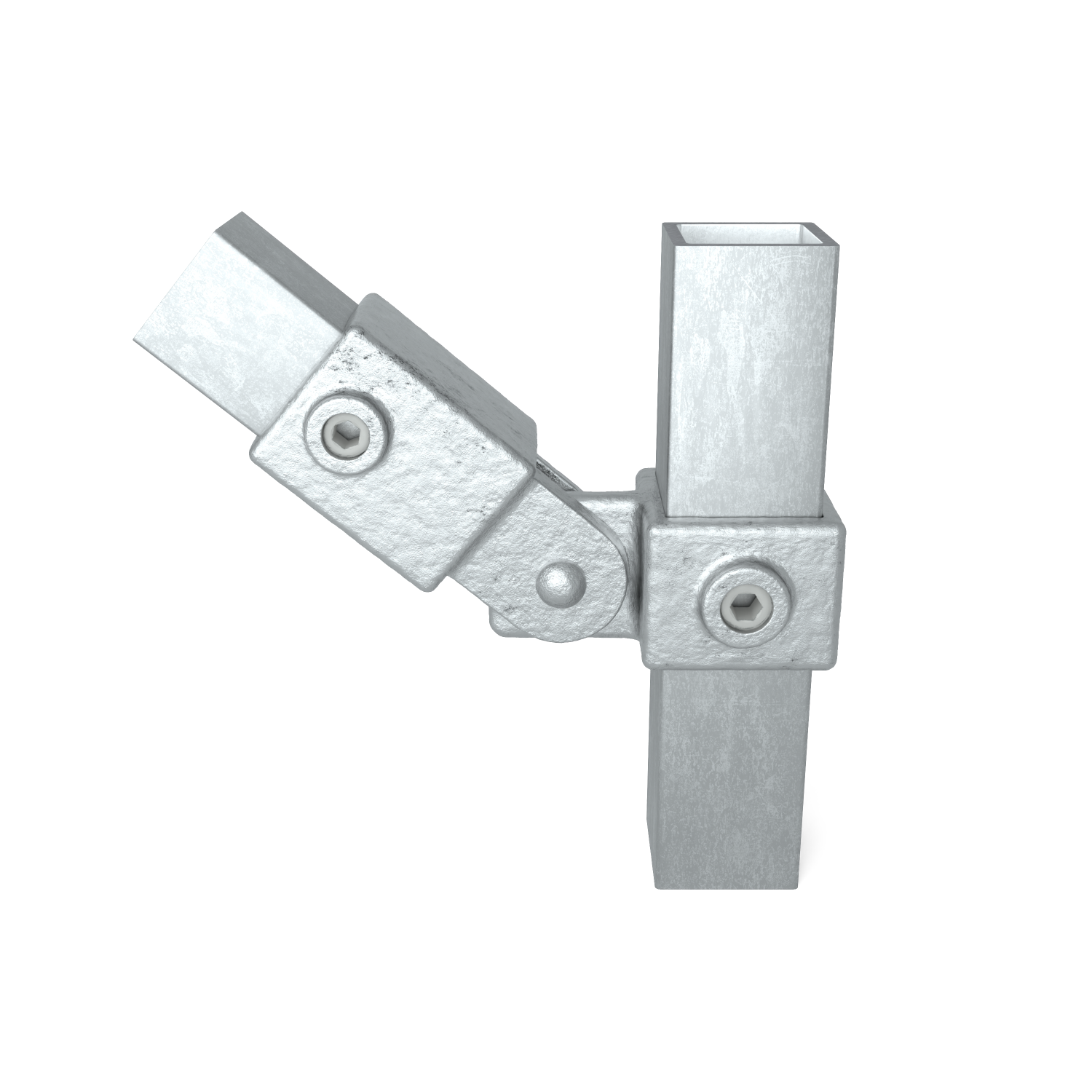 Articulation métallique gris argenté pour tubes carrés : colonne verticale avec ouverture carrée, reliée à un bras incliné vers le haut à gauche ; fixée à l'aide de vis à tête hexagonale, sur fond blanc.