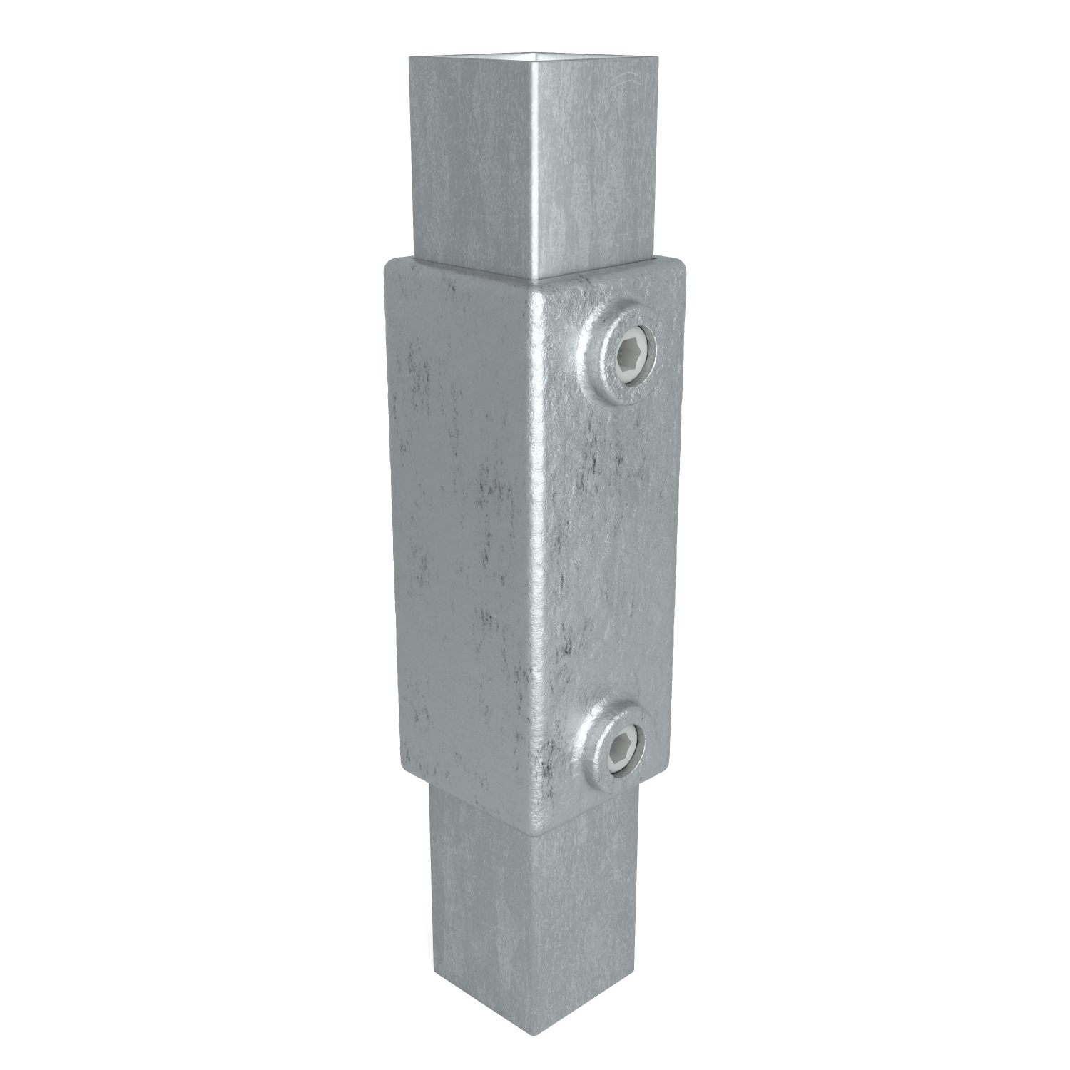 Raccord métallique vertical et carré en métal gris argenté mat, présentant une texture légèrement rugueuse. Il relie deux tubes carrés qui dépassent en haut et en bas. La partie centrale allongée comporte deux vis à six pans creux à l'avant.