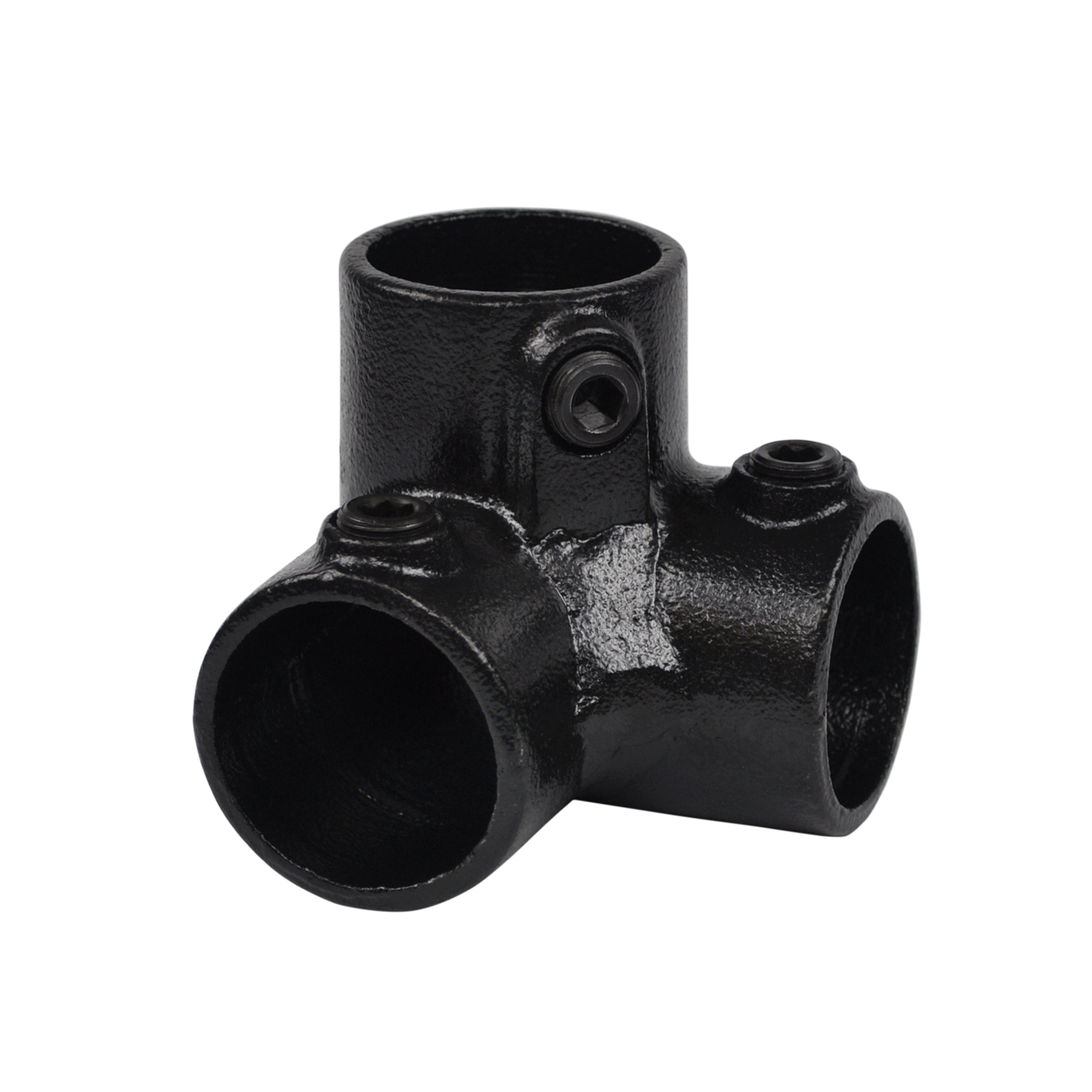 Raccord d'angle 3 voies noir en métal, reliant 3 tubes à 90°. Surface rugueuse mate, trois ouvertures cylindriques, chacune avec vis à six pans creux. Idéal comme collier d'angle pour garde-corps.