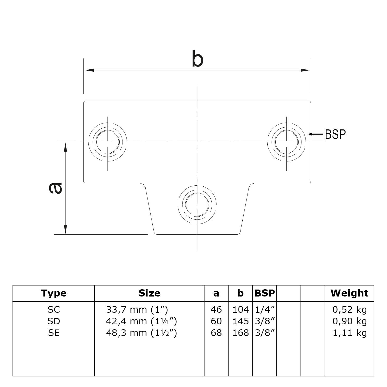  Pièce en T, longue. Angle variable 0° - 11° 48,3 mm (1½")