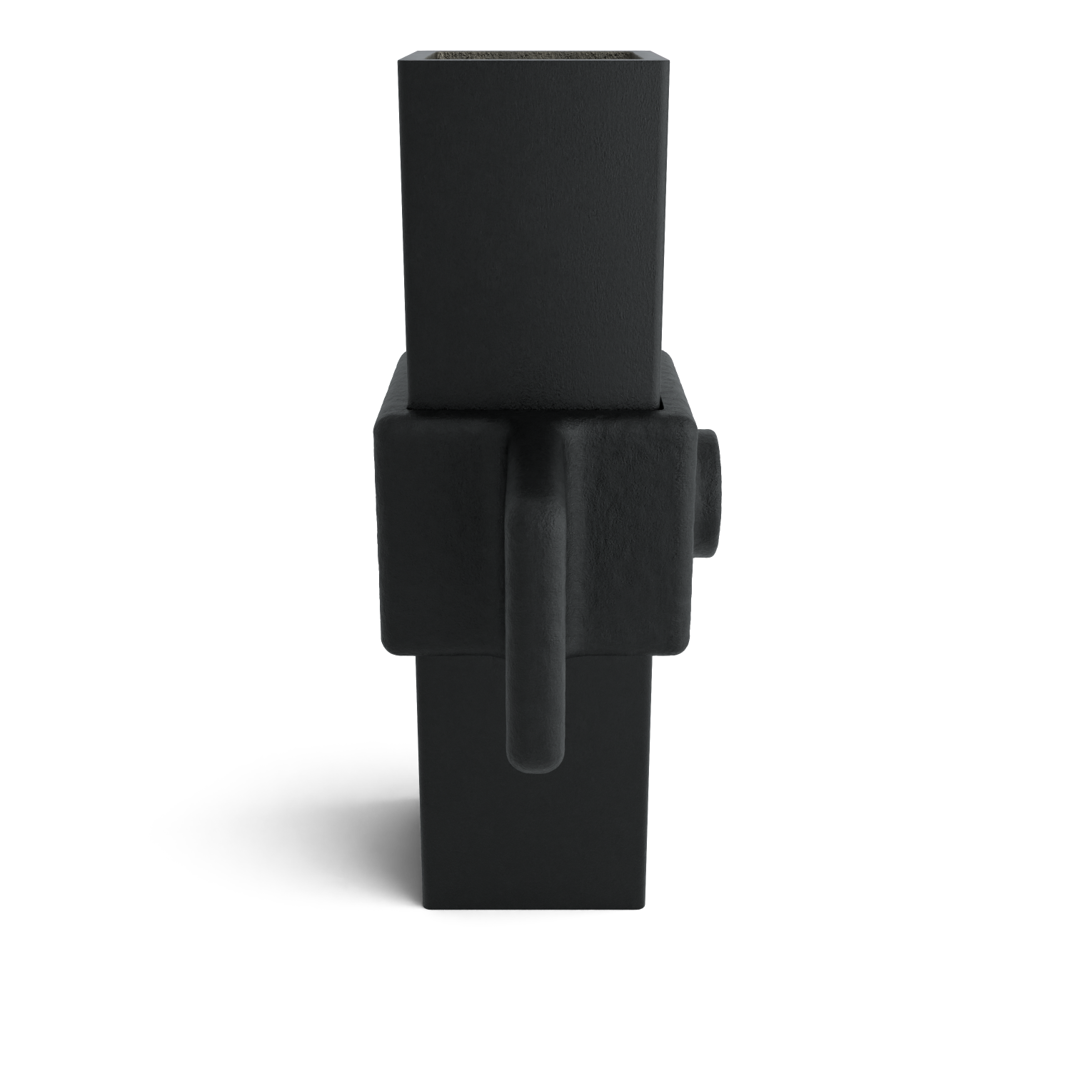 Objet modulaire noir fait de formes géométriques empilées : large parallélépipède, poignée ronde et renflement cylindrique. Au sommet, parallélépipède plus étroit et ouvert. Surface mate, texturée, ombres.