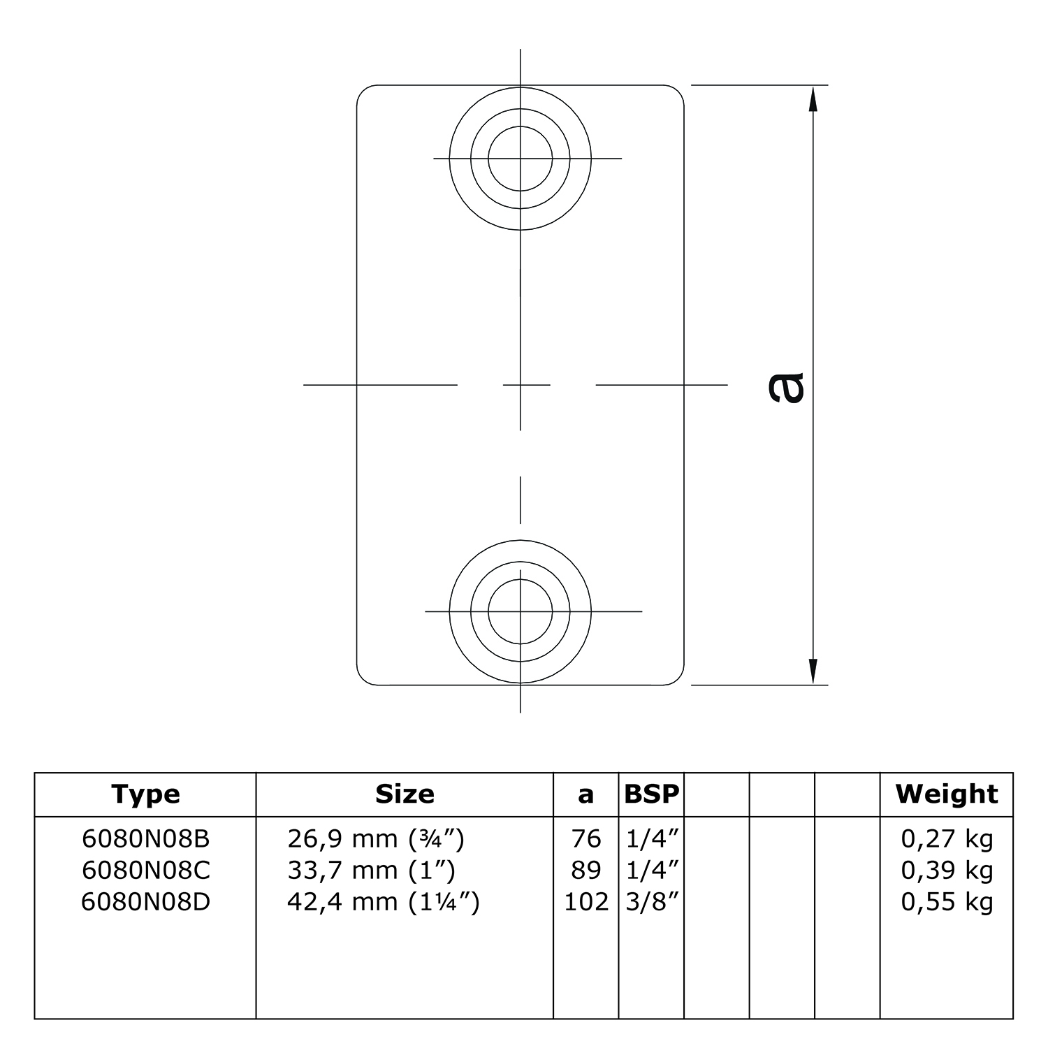 Dibujo técnico de una placa metálica rectangular con dos orificios y cruces de centrado. Las líneas de cota indican la longitud total «a». Tabla con variantes del producto (p. ej., 26,9 mm), cota «a», rosca BSP y peso.