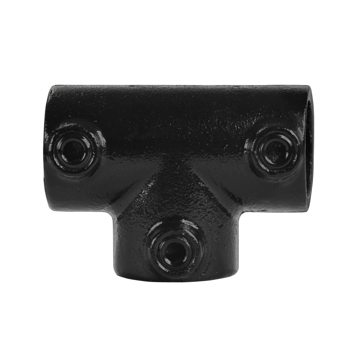 Conector de tubos en forma de T (pieza en T) negro con tres orificios para tubos. Cada orificio tiene un tornillo de fijación visible. Superficie mate y ligeramente texturizada. Se utiliza para la unión de tubos horizontales.