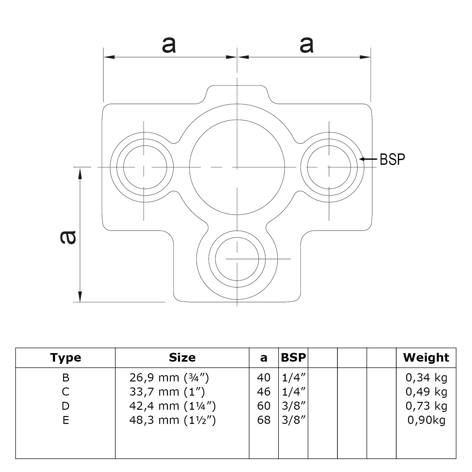 Pièce en T pour tube de soutien, noir 33,7 mm (1")