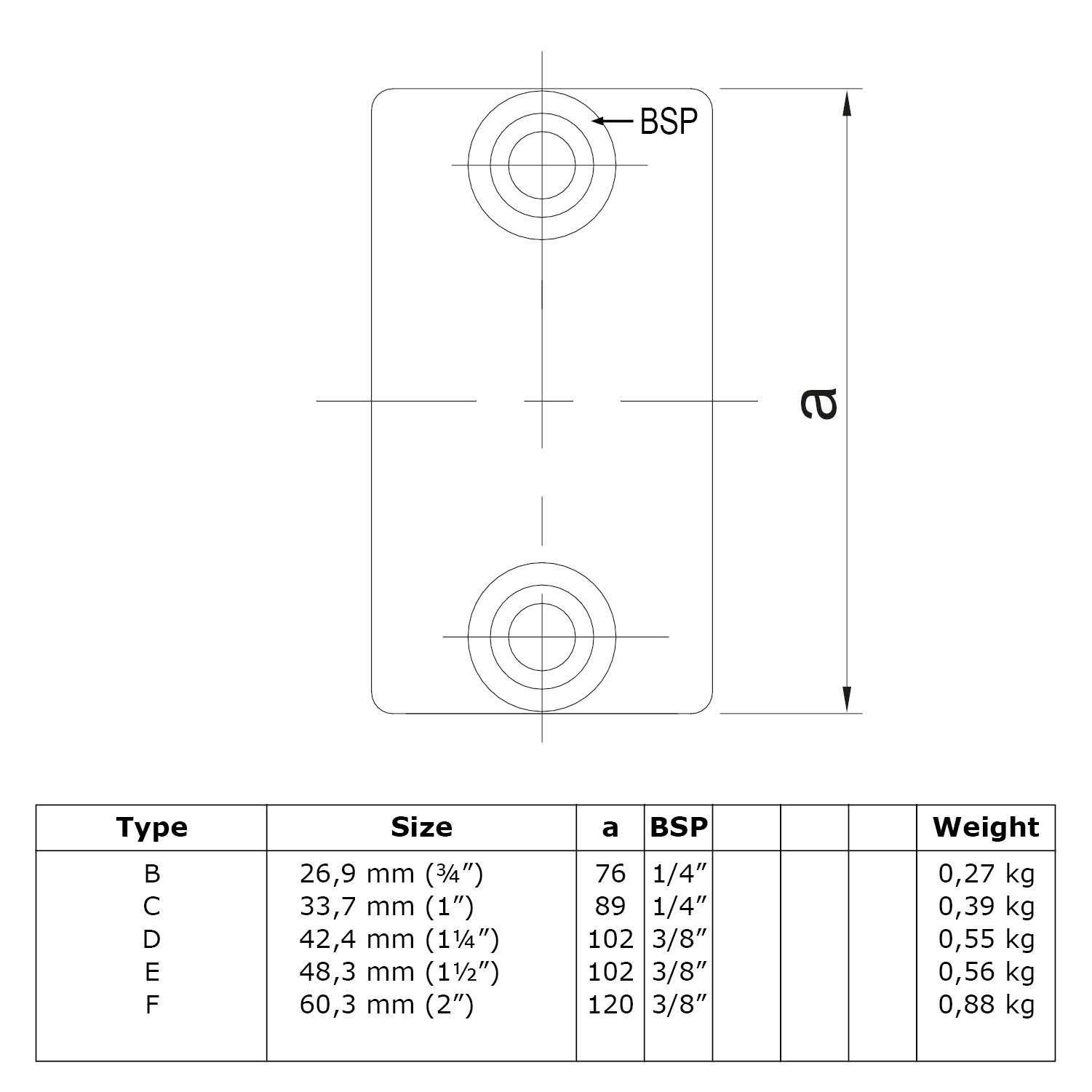 Dibujo técnico de una pieza de prolongación para tubos con orificios superior e inferior. Dimensiones para diferentes tamaños, incluido 33,7 mm (1 pulgada), así como peso y rosca de conexión BSP en una tabla detallada.