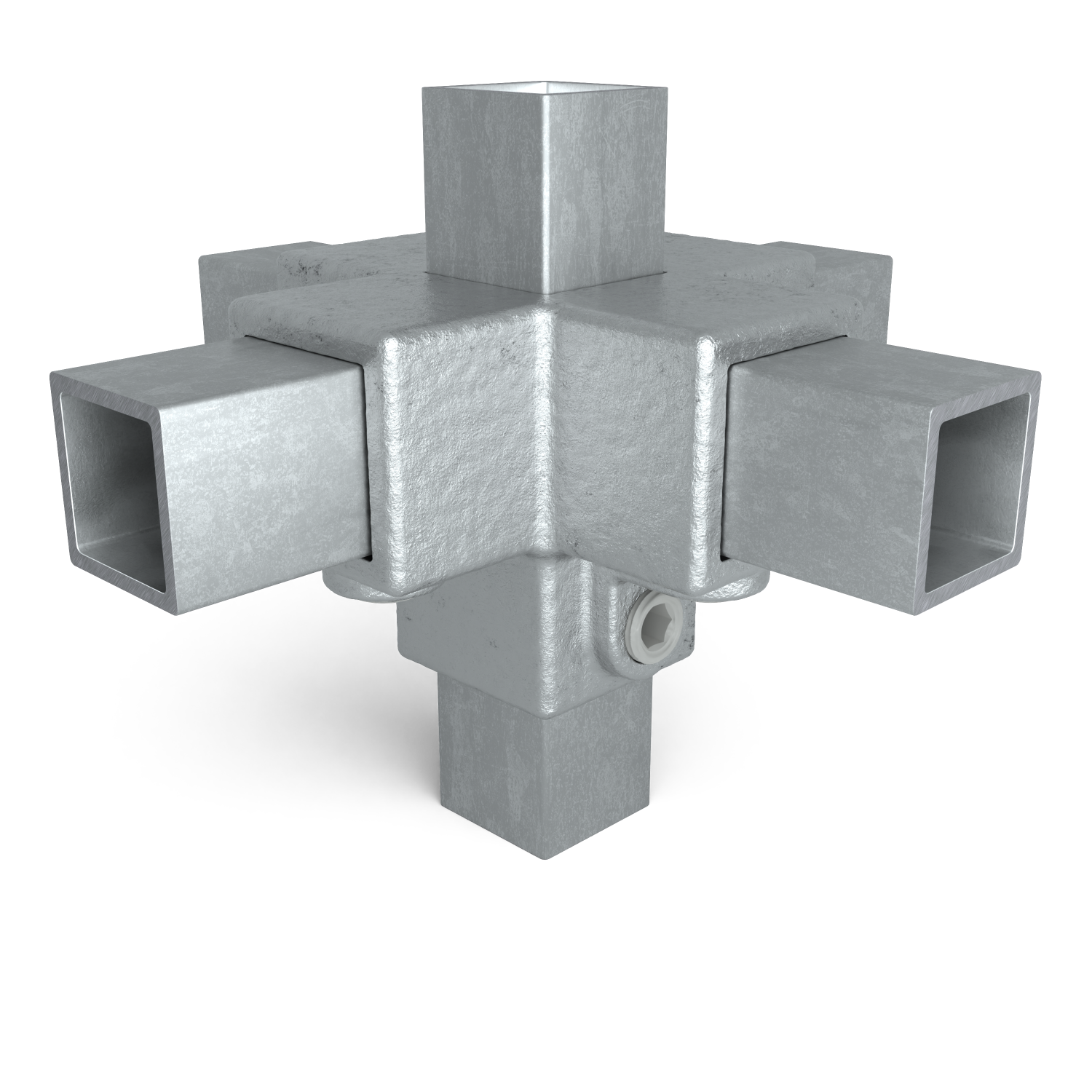 Raccord à emboîter 5 voies gris galvanisé pour tubes carrés, cube central avec cinq prolongements ouverts. Surface légèrement rugueuse, vis à six pans creux dessous. Image sur fond blanc avec légère ombre.