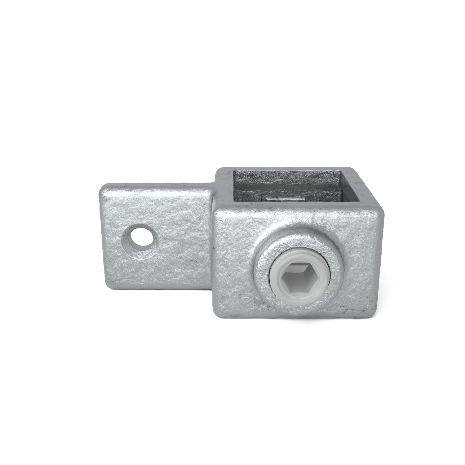 Raccord métallique robuste, de couleur gris argenté, avec une surface rugueuse et texturée. Corps cubique avec une ouverture carrée sur le dessus et un bras plat à gauche muni d'un trou rond. À l'avant du cube, une vis à tête hexagonale pour la fixation.