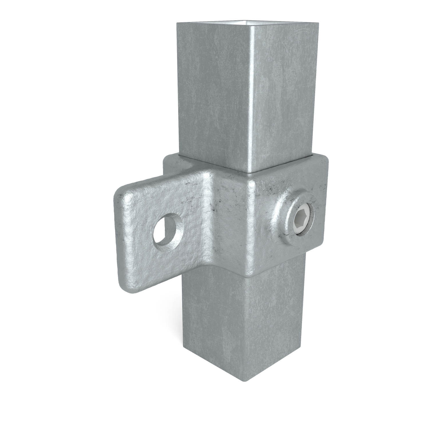 Raccord métallique argenté pour tubes carrés, reliant verticalement deux tubes. À mi-hauteur, un support en forme de L muni d'un trou rond dépasse sur le côté. Fixation par vis à tête hexagonale. Surface légèrement rugueuse.
