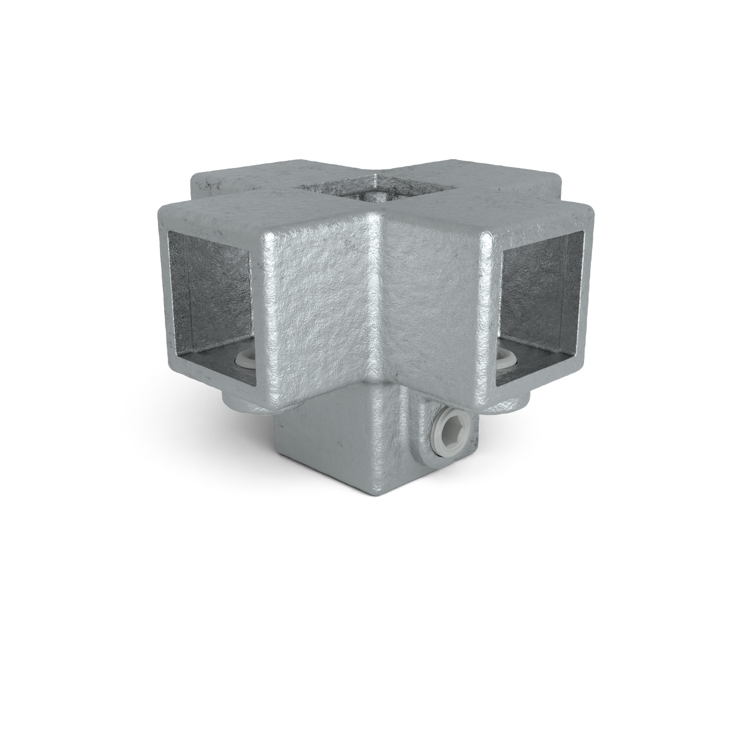 Raccord en croix gris, en fonte ou en métal galvanisé, permettant de relier quatre tubes ou profilés carrés sur un même plan. Chaque ouverture comporte une vis de fixation blanche légèrement enfoncée. La surface est mate et irrégulière.