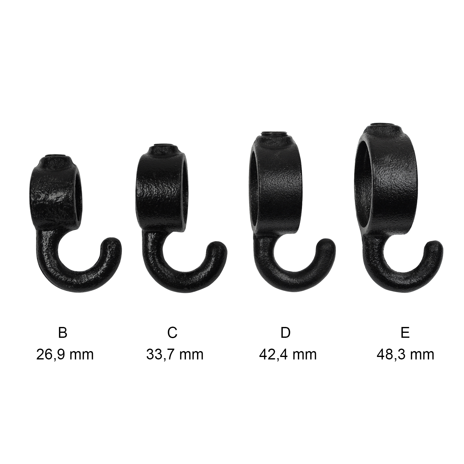 Cuatro anillos de ajuste negros con ganchos integrados están alineados para mostrar diferentes tamaños. Cada conector de tubos tiene superficie mate y texturizada y un gancho curvado hacia abajo. Diám.: 26,9/33,7/42,4/48,3 mm.