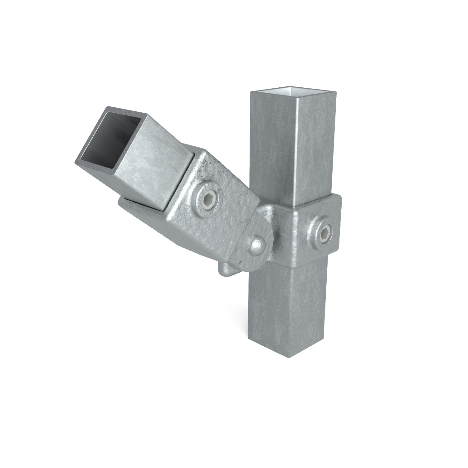 Raccord métallique gris galvanisé reliant deux tubes carrés. Un tube est à la verticale, l'autre est incliné vers le bas à gauche. Fixé à l'aide de vis apparentes, surface mate et rugueuse.