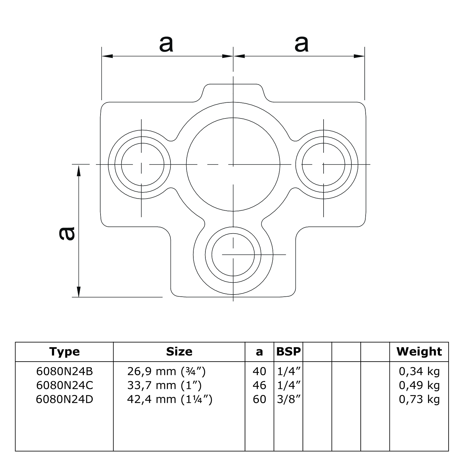 Schéma détaillé d'un raccord en T pour tubes support avec 3 raccords ronds. L'illustration montre les dimensions et un tableau des variantes : types, Ø tube (ex. 26,9 mm), filetages BSP et poids de 0,34 à 0,73 kg.