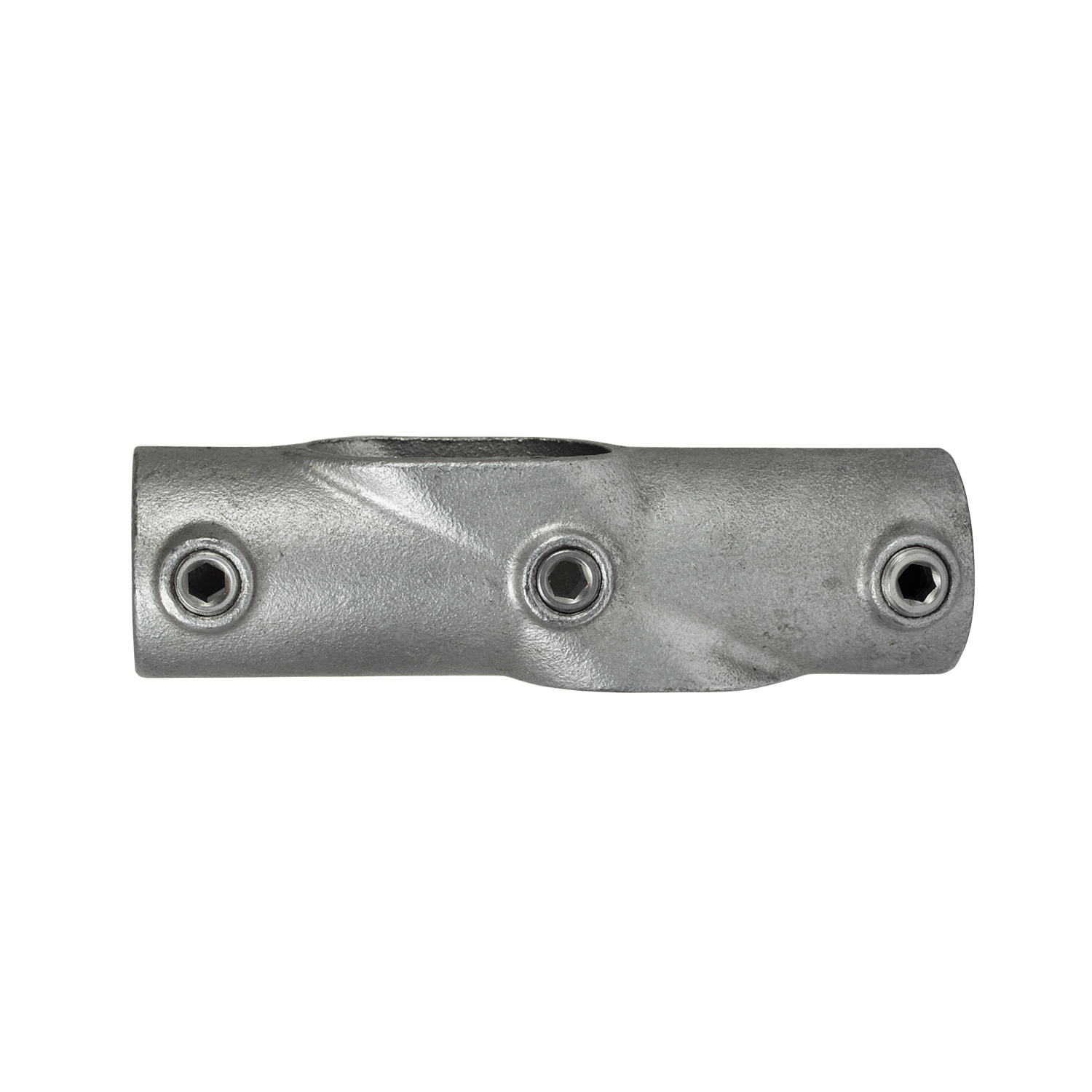 Pieza en cruz de metal gris para tubos con unión central y dos aberturas laterales, cada una con un tornillo Allen para la fijación. Unión en ángulo variable de 30 a 45°; ideal para construcciones de barandillas y pasamanos.