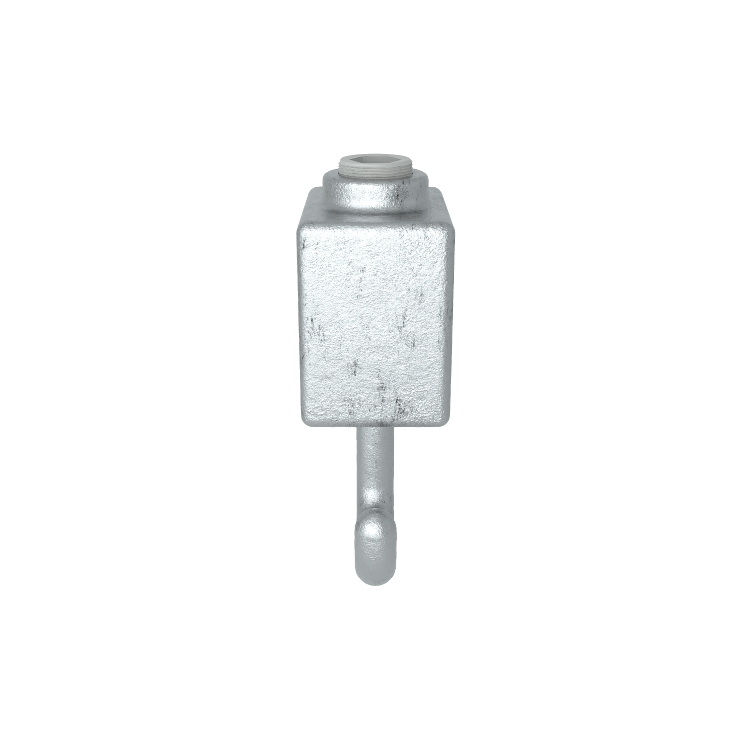 Pièce métallique de forme cubique dotée d'un crochet robuste orienté vers le bas. Sur le dessus, une protubérance cylindrique filetée avec un insert clair. La surface est argentée mate, légèrement irrégulière et granuleuse, comme du métal galvanisé.