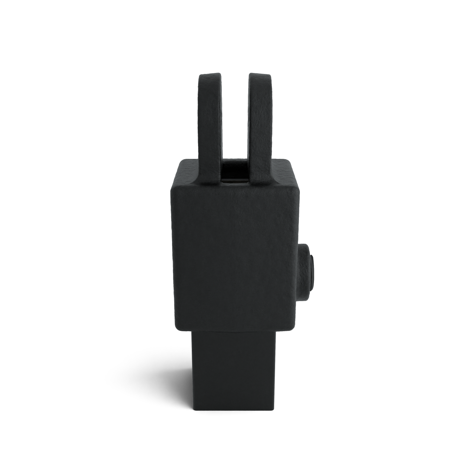 Pièce métallique massive noir mat, rectangulaire. Petite tige en bas, deux étriers en U parallèles en haut. À droite du corps, raccord rond type tenon. Sur fond blanc, avec ombres.