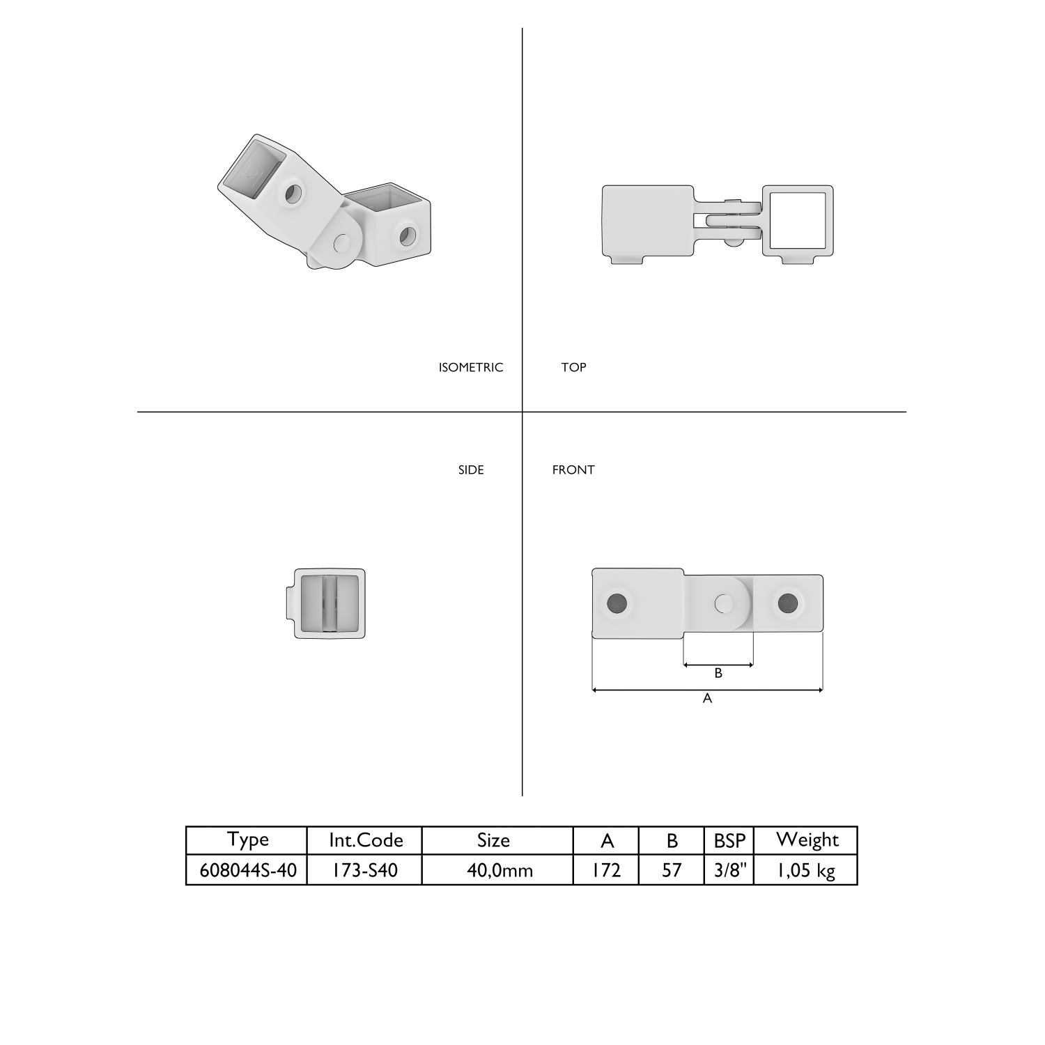 Fiche technique : raccord d'angle réglable à extrémités rectangulaires, en vue isométrique, vue de dessus, vue de côté et vue de face. Tableau ci-dessous : type 608044S-40, taille 40,0 mm, poids 1,05 kg.