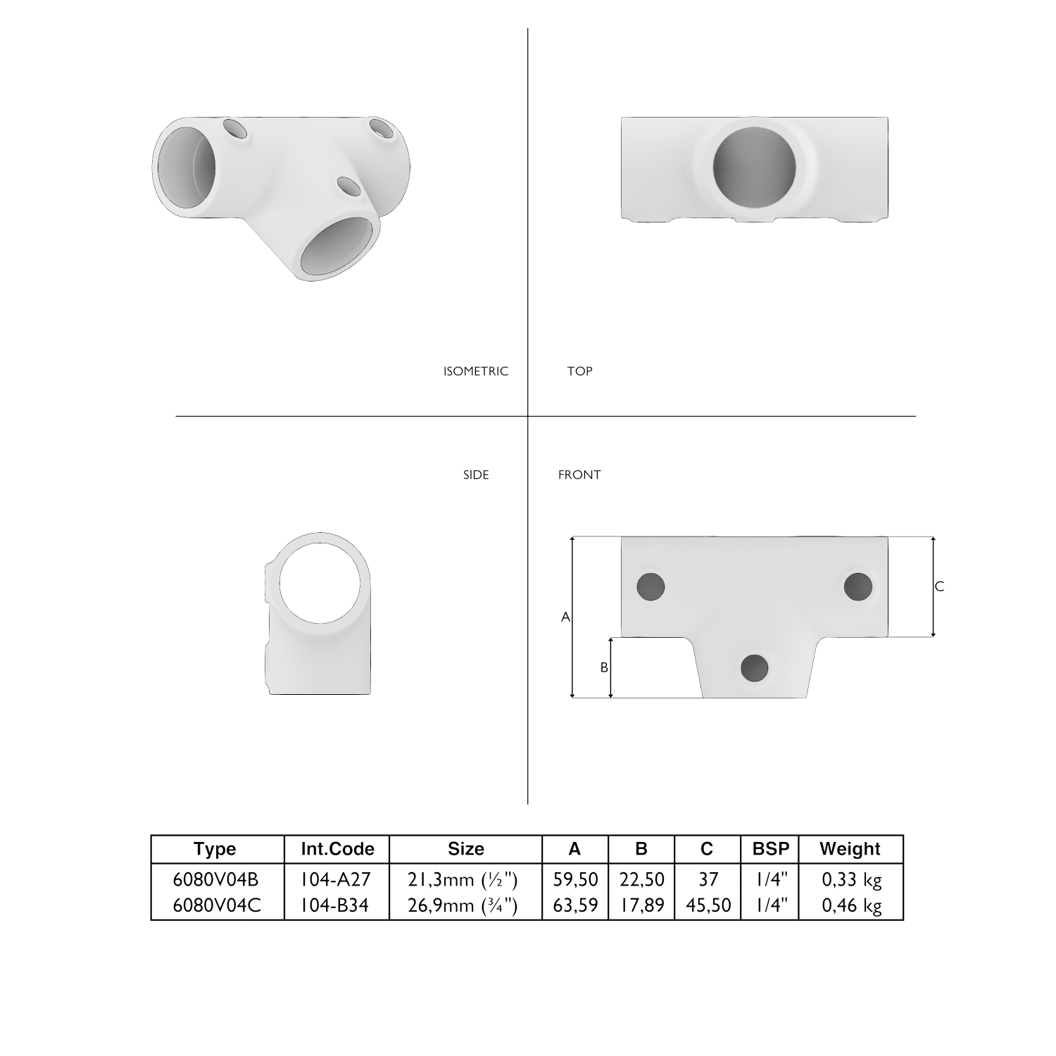104-A Pièce en T longue - 26.9 mm brun
