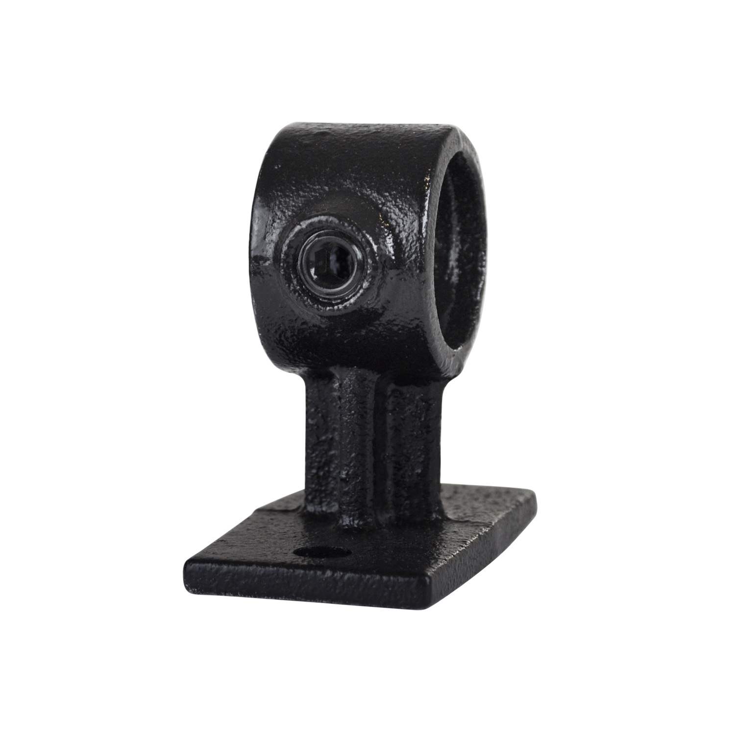 Support de main courante noir mat en métal, avec une base plate et rectangulaire et deux trous de fixation pour un montage mural. Bras de support robuste avec une ouverture ronde (Ø 48,3 mm) pour tube, fixé à l'aide d'une vis de réglage.