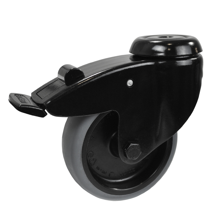 Roue pivotante noire avec frein, Ø 50 mm, sur fond blanc. Bande de roulement grise, moyeu noir. Un support noir entoure la roue. Levier de frein visible à l'avant pour le blocage. Fixation pour expandeur en haut.