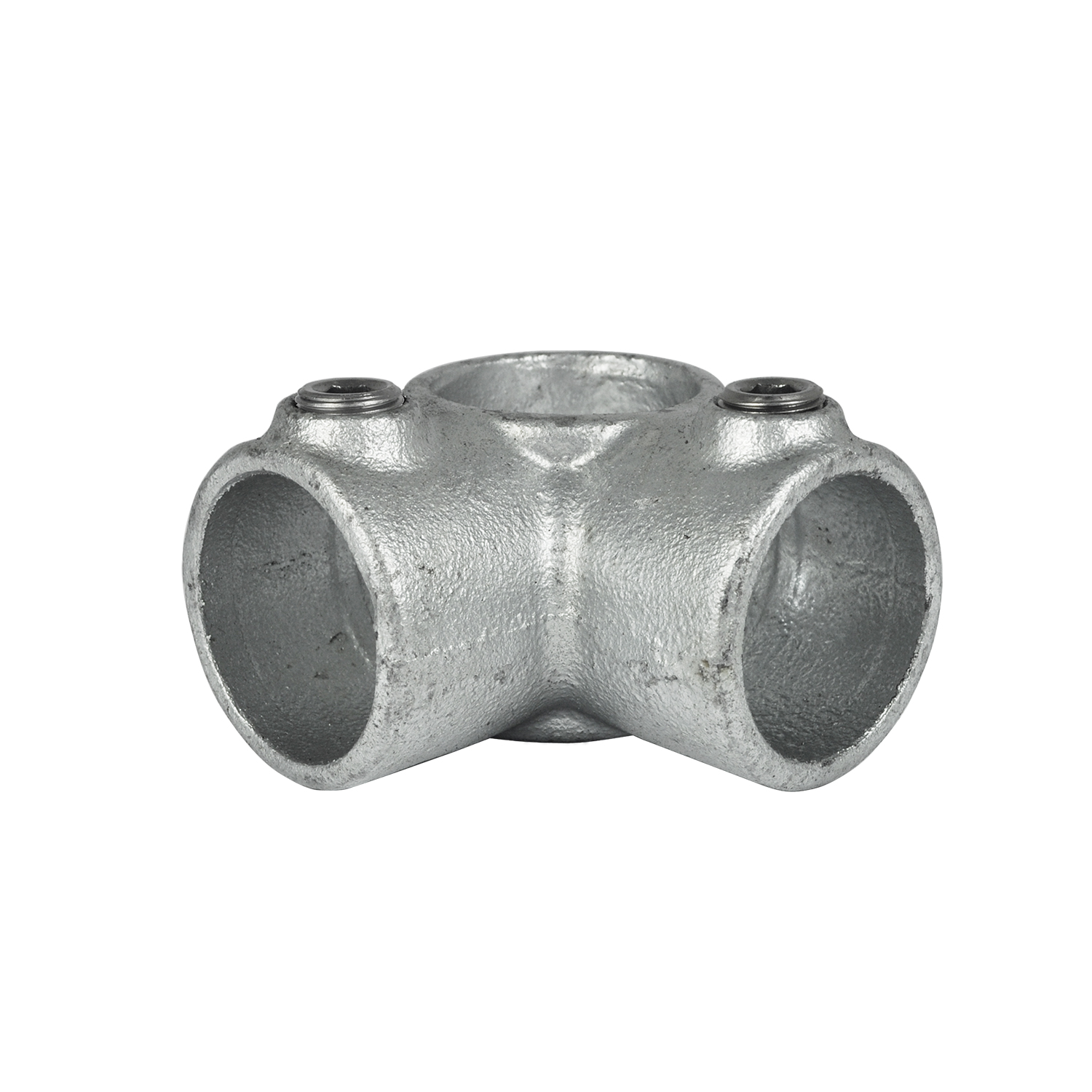 Raccord d'angle robuste en métal argenté (90°) pour tubes de 26,9 mm (¾”) de diamètre. Un passage de tube est continu, une troisième ouverture part en angle droit. Deux vis apparentes fixent les tubes. Acier galvanisé à texture grossière.