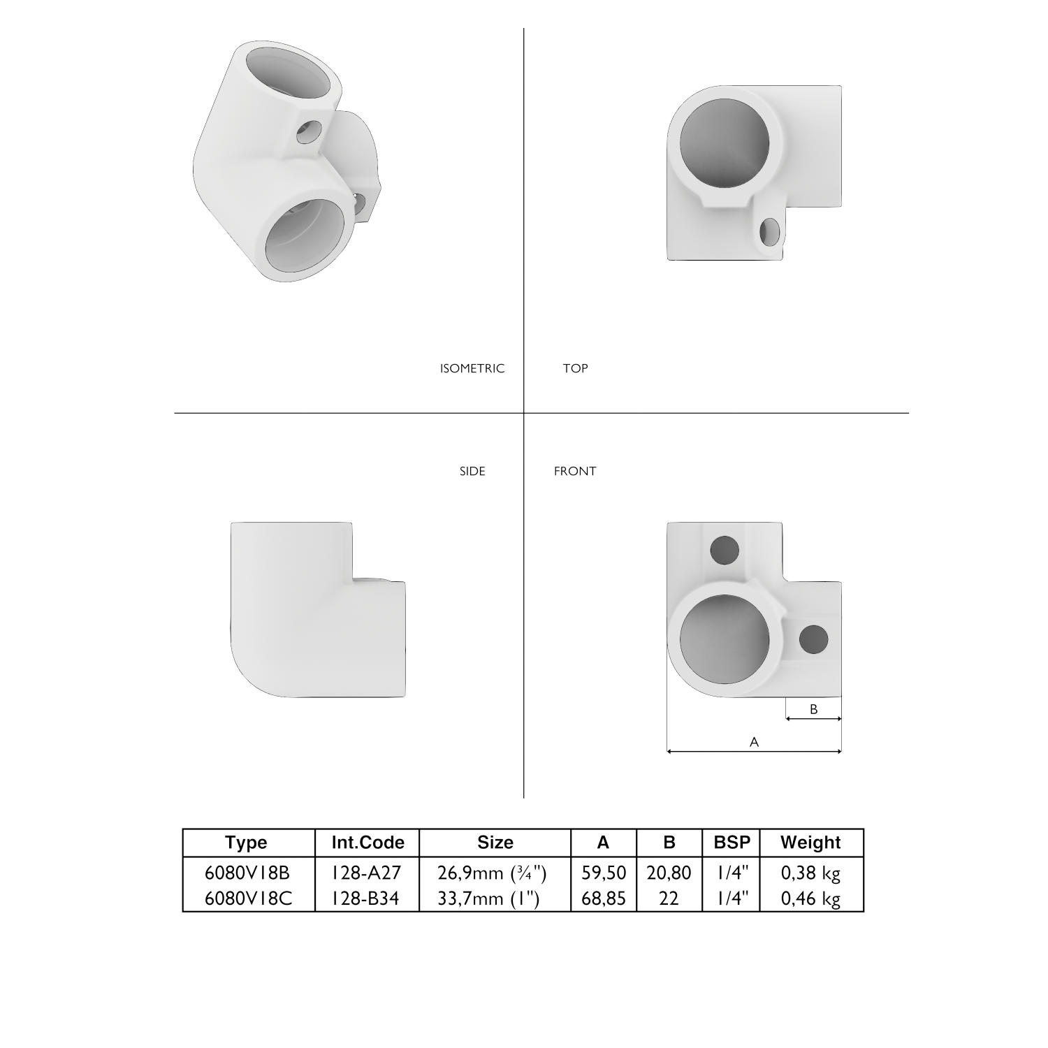 128-A Pièce d'angle à 3 voies 90°- 26.9 mm brun