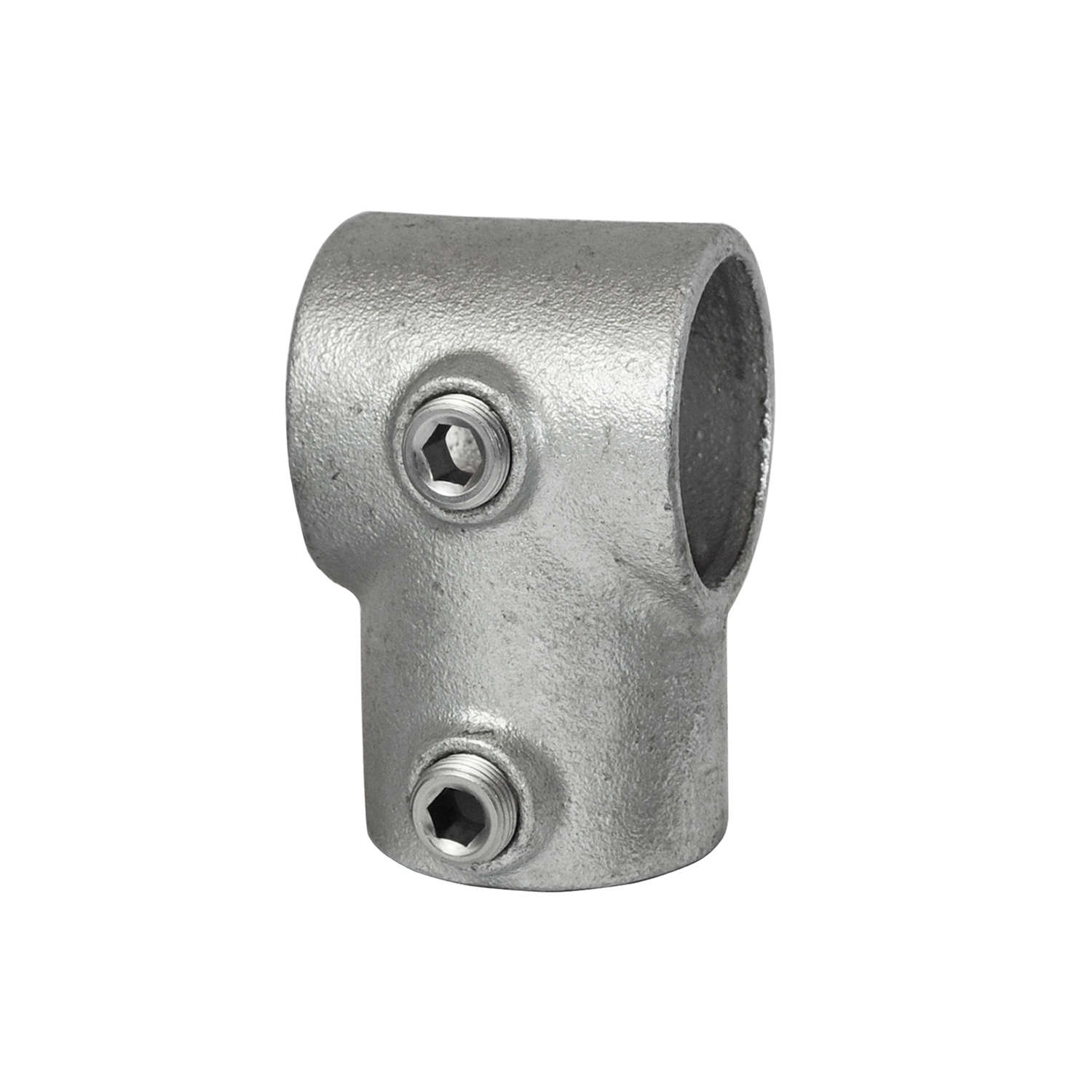 Conector de tubos robusto en forma de T, fabricado en metal galvanizado, aislado sobre fondo blanco. Elemento gris con tres orificios cilíndricos y dos tornillos Allen plateados para una fijación segura de los tubos.