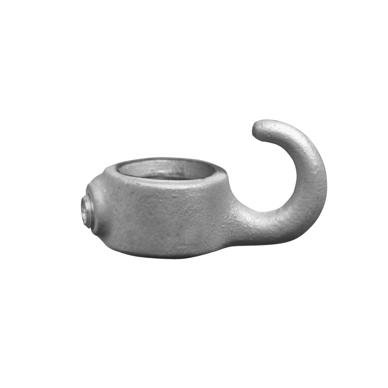 Anillo de ajuste metálico gris con una abertura para un tornillo sin cabeza en un extremo y un gancho curvado hacia arriba en el otro. Sirve como conector de tubos (diámetro interior 42,4 mm) para la fijación de cadenas.